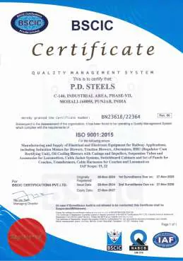 ISO 9001:2015 certificate, P.D. Steels